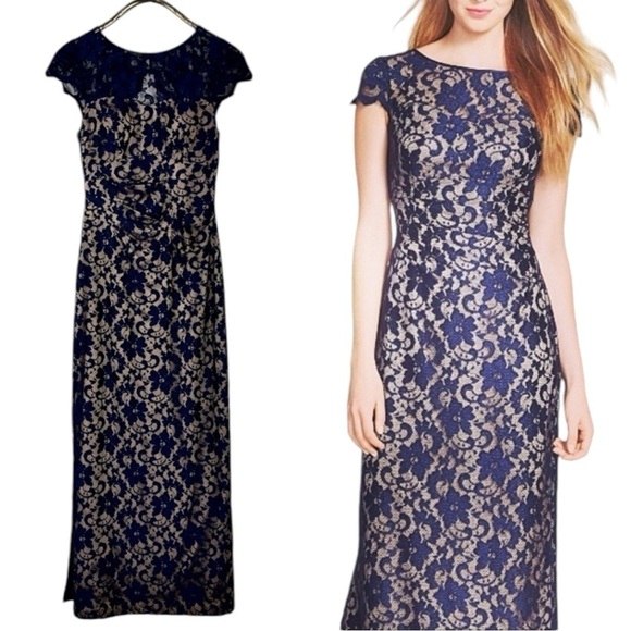 ELIZA J LACE ILLUSION YOKE FLORAL LACE CAP SLEEVE KEYHOLE RUCHED MAXI DRESS GOWN - Picture 1 of 14
